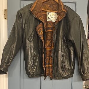 80s Leather Bomber Jacket Paris Sport Club Women's Black Aztec Lining